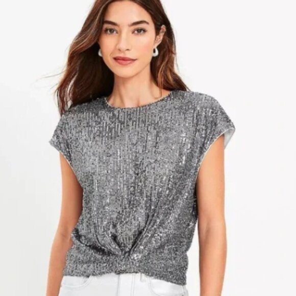 LOFT SIZE LARGE GREY SILVER SEQUIN KNOT FRONT CAP SLEEVE SHORT SLEEVE TOP - Picture 1 of 8